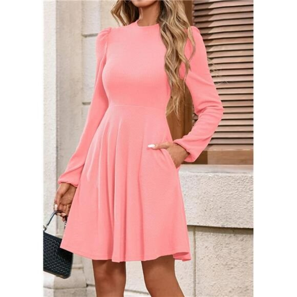 Womens Long Sleeve Ribbed Mini Dress A Line Flowy Short Dress With Pockets - Picture 3 of 7